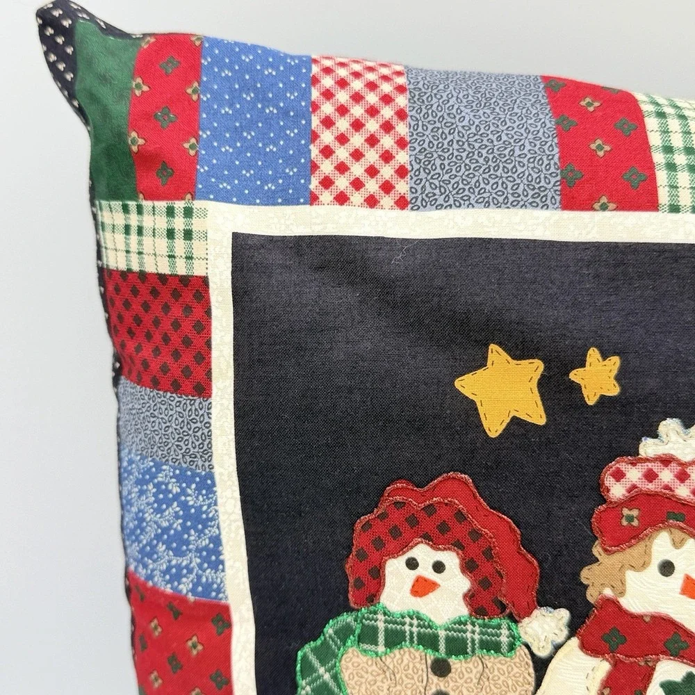Vintage Snowman Family Christmas Throw Pillow 14x14 Patchwork Applique Folk Art